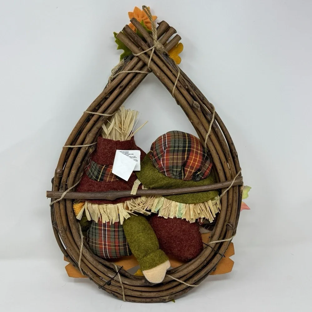 Vintage Happy Harvest‎ Grapevine Fall Scarecrows Door Hanger Wreath 16